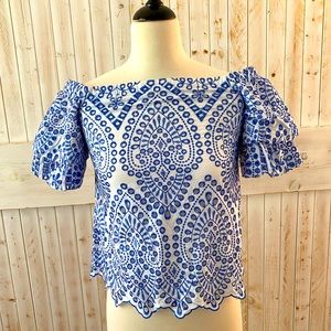Lilly Pulitzer blue and white eyelet off the shoulder blouse. NWOT